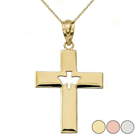 14K Solid Gold Religious Cross Cut-Out Holy Spirit Dove Pendant -